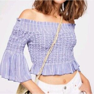 FREE‎ PEOPLE Blue Striped Off Shoulder Smocked Crop Top Sz S Boho Festival